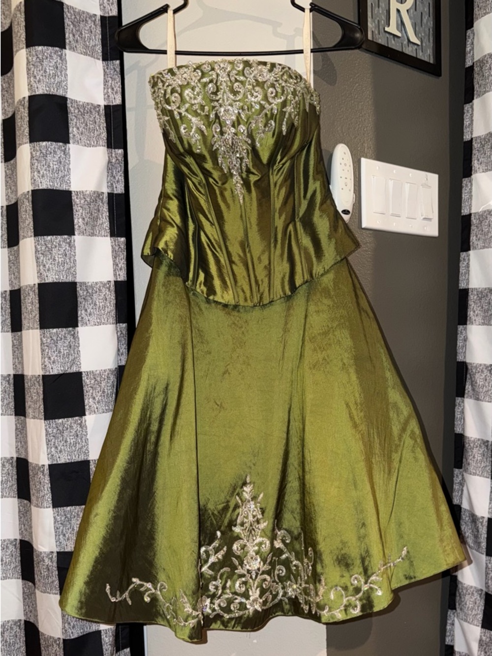 Mary's Bridal Olive Green Strapless Prom Dress with Silver Embroidery